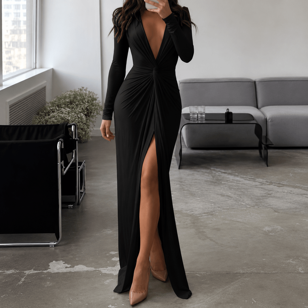 Formal Maxi Dress with V Neck – Long Sleeve Evening Gown with Side Split - We are MFEO