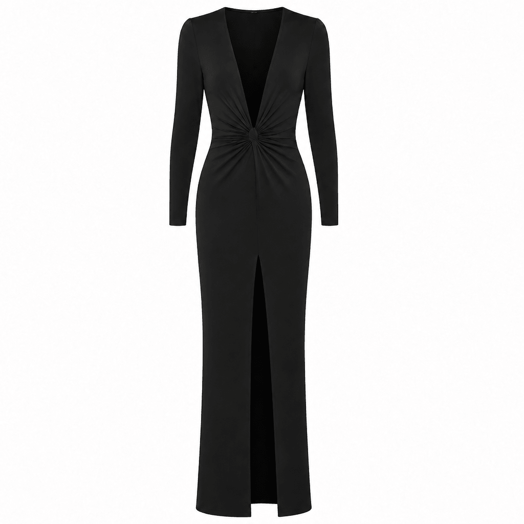 Formal Maxi Dress with V Neck – Long Sleeve Evening Gown with Side Split - We are MFEO