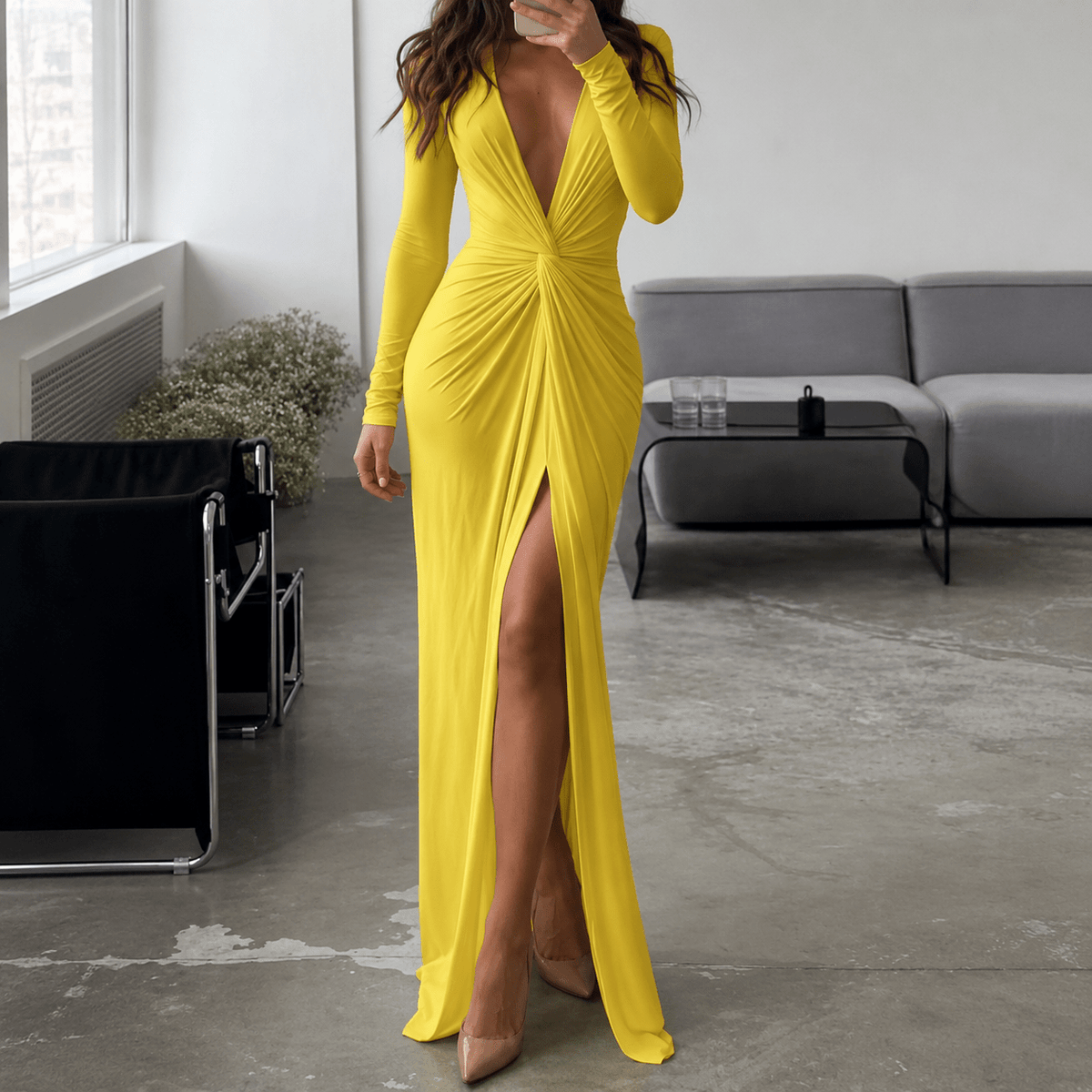 Formal Maxi Dress with V Neck – Long Sleeve Evening Gown with Side Split - We are MFEO