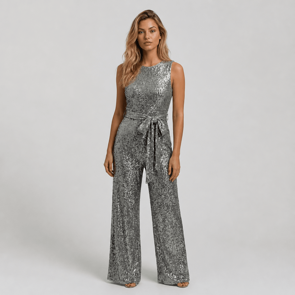 Gold Sequin Evening Jumpsuit – Wide Leg Design with Waist Tie for Formal Wear - We are MFEO