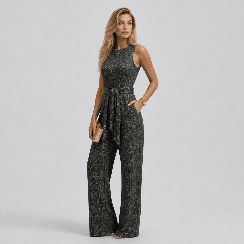 Gold Sequin Evening Jumpsuit – Wide Leg Design with Waist Tie for Formal Wear - We are MFEO