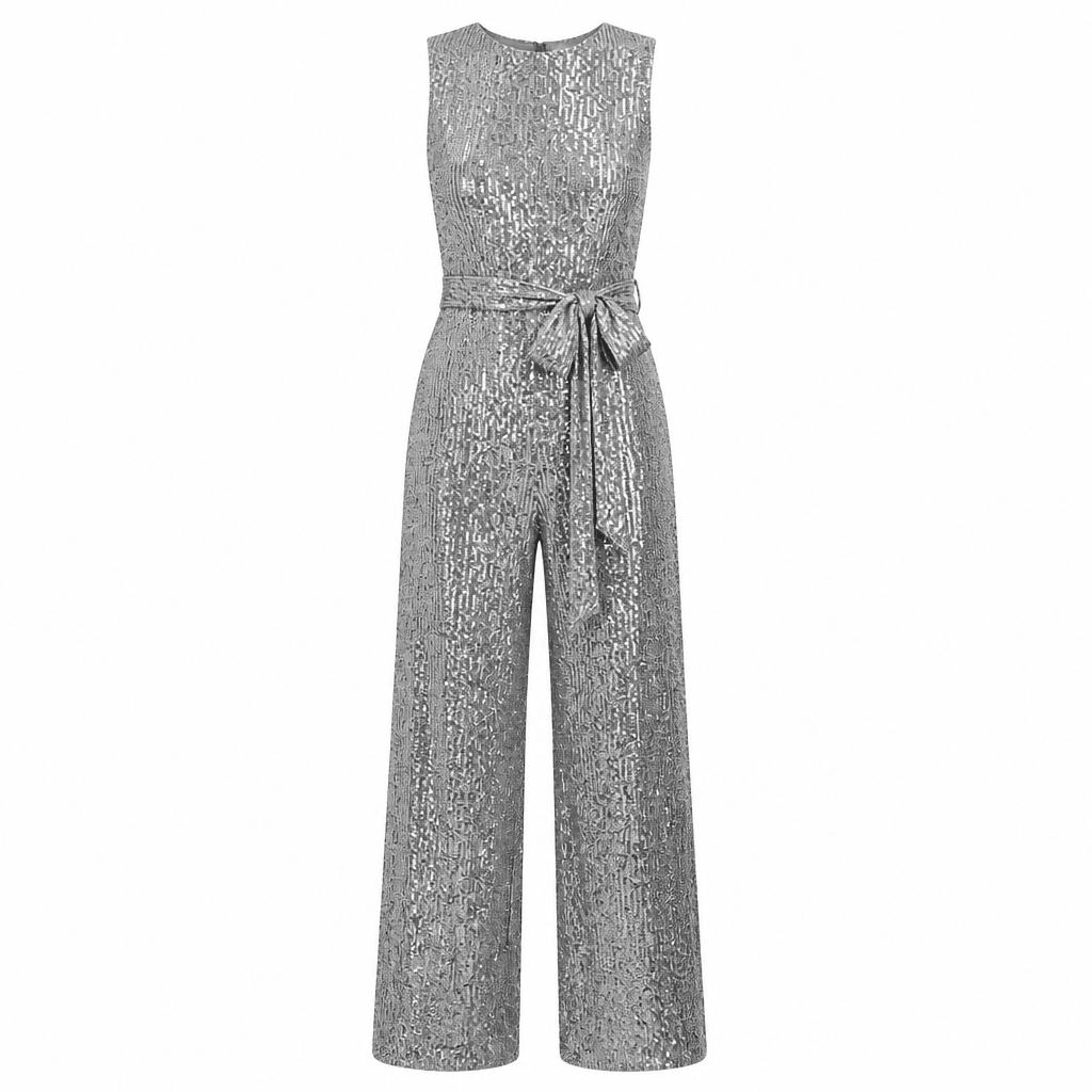 Gold Sequin Evening Jumpsuit – Wide Leg Design with Waist Tie for Formal Wear - We are MFEO