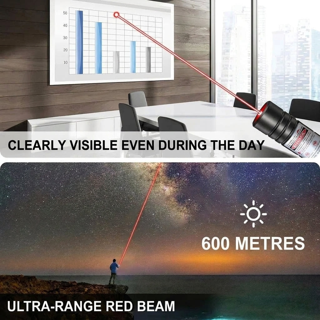 A red laser pointer used for office presentations and pointing at the night sky over a distance of 600 metres.