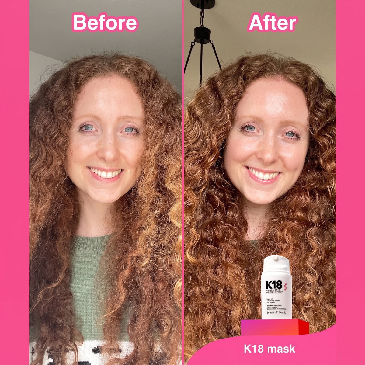 A side-by-side comparison of a woman with curly hair before and after using a K18 leave-in molecular repair hair mask.