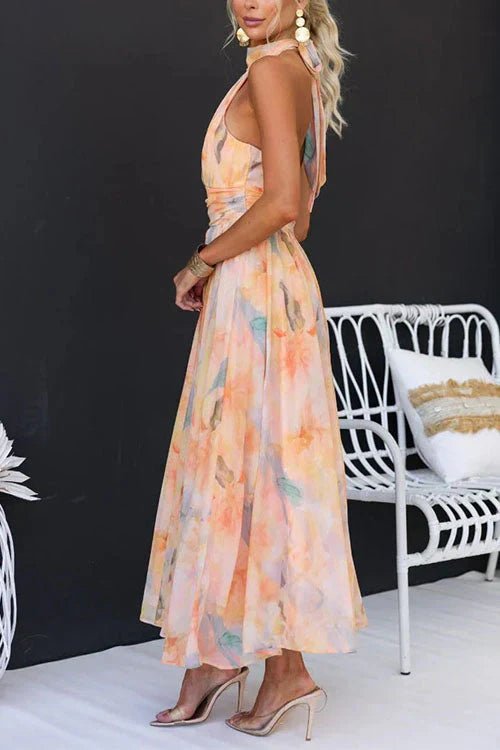 Halter Maxi Dress – Lightweight Chiffon, Watercolour Print for Summer Weddings - We are MFEO