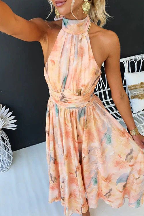Halter Maxi Dress – Lightweight Chiffon, Watercolour Print for Summer Weddings - We are MFEO