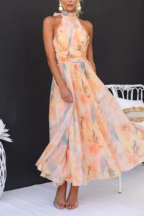 Halter Maxi Dress – Lightweight Chiffon, Watercolour Print for Summer Weddings - We are MFEO