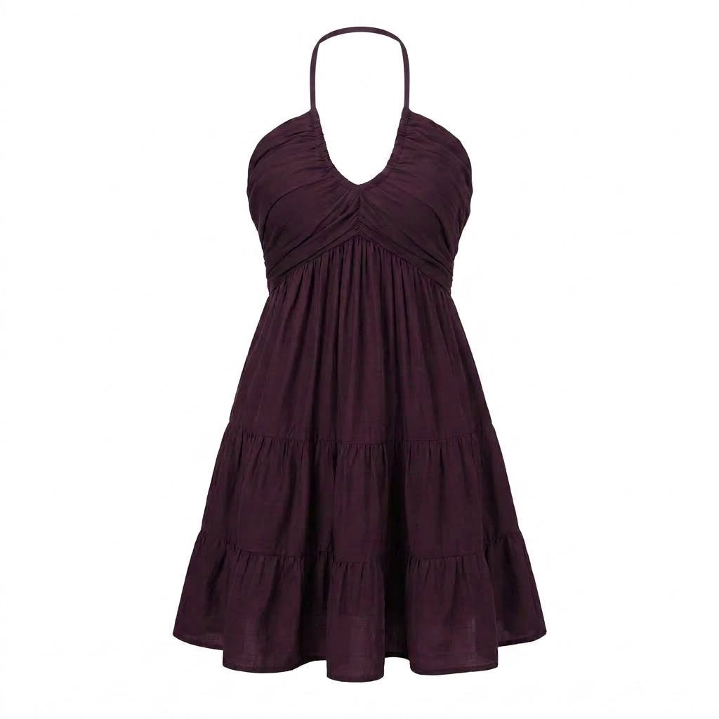 Halter V-Neck Mini Summer Dress with Ruffle Skirt and Adjustable Tie Straps - We are MFEO