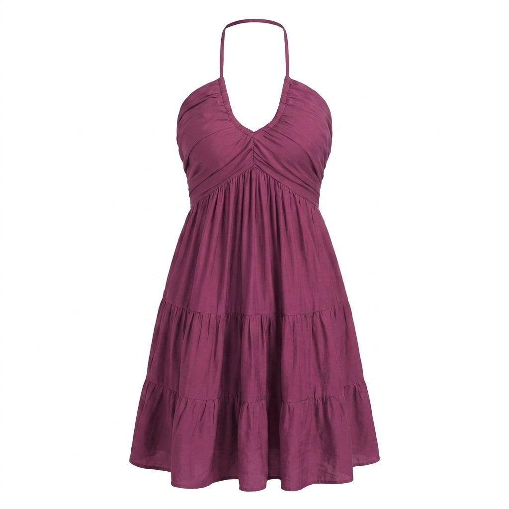 Halter V-Neck Mini Summer Dress with Ruffle Skirt and Adjustable Tie Straps - We are MFEO
