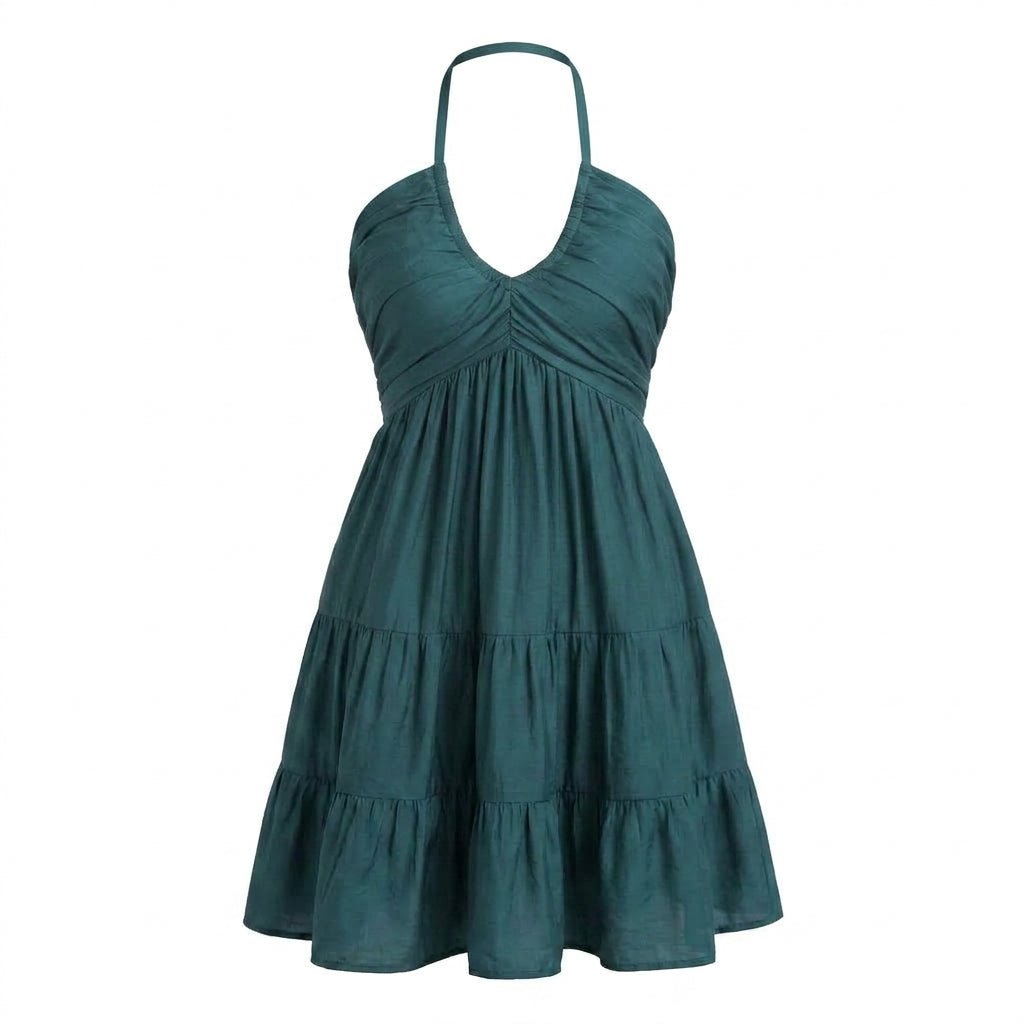 Halter V-Neck Mini Summer Dress with Ruffle Skirt and Adjustable Tie Straps - We are MFEO