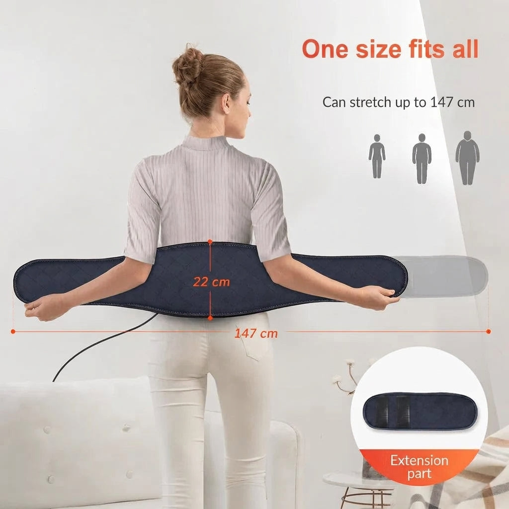 A woman wearing a heating belt, showing dimensions of 22 cm width and 147 cm length, including an extension piece.