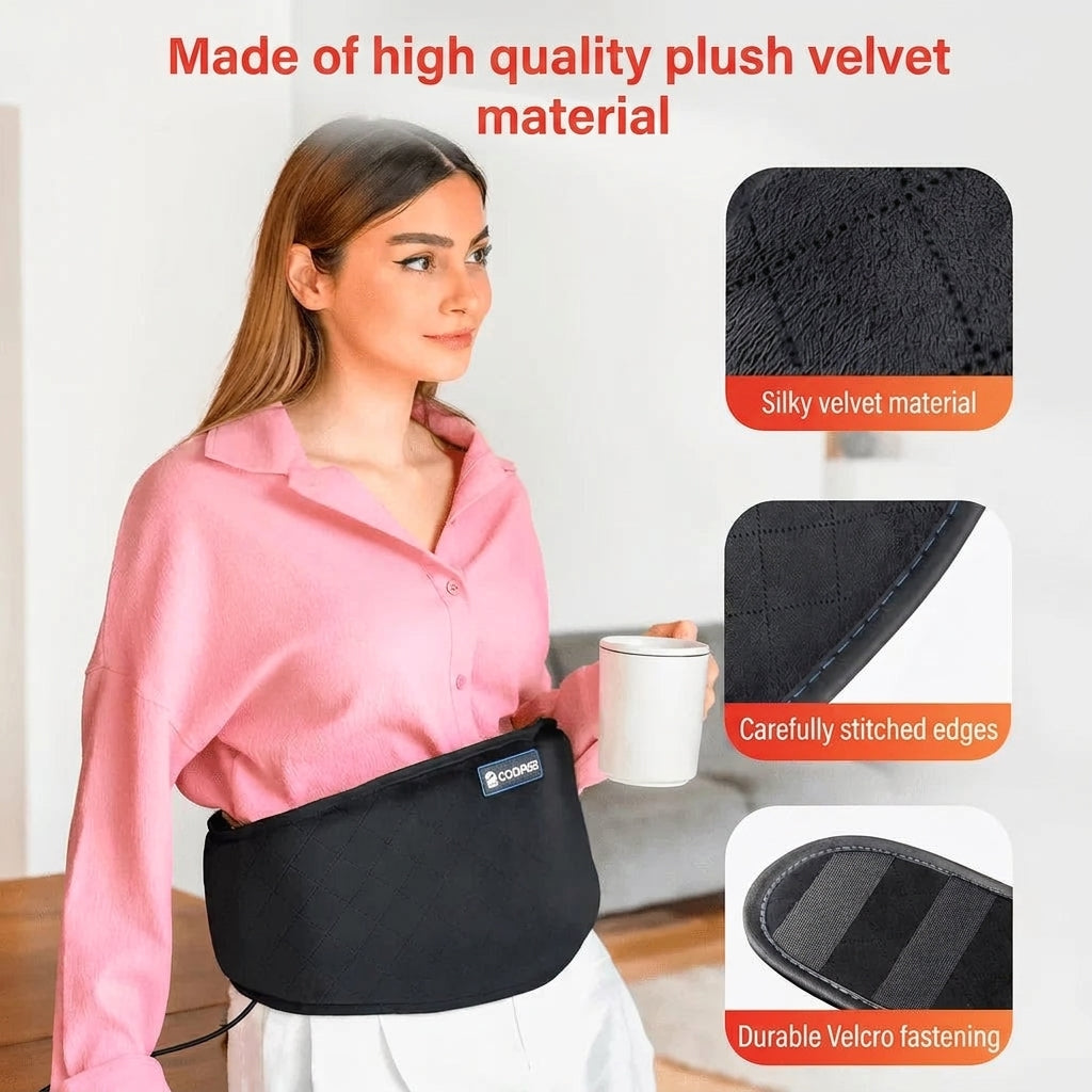 A woman wearing a black heating belt around her waist, with close-up insets showing the soft fabric, stitched edges, and velcro.