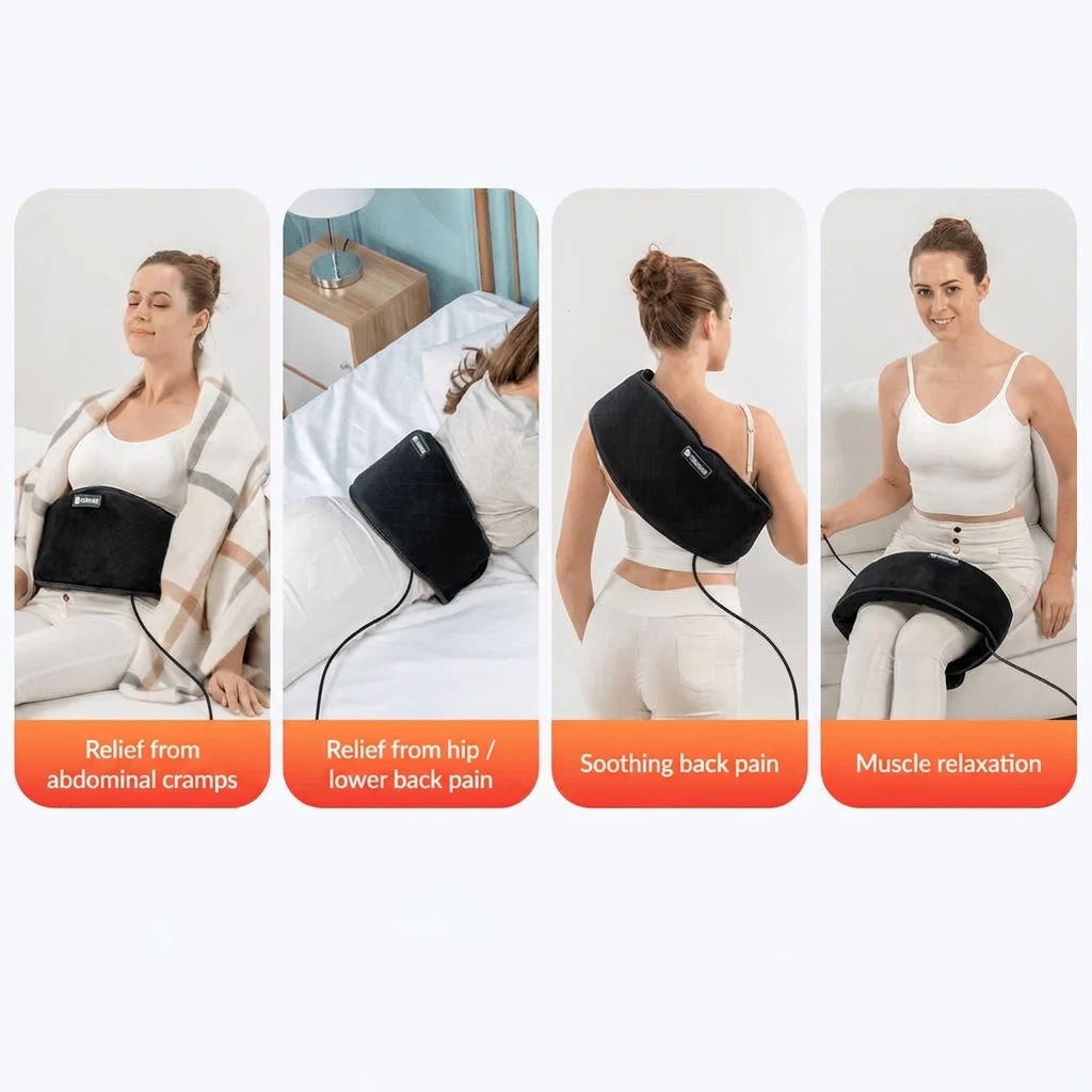 A woman demonstrating four ways to use a heating belt for relief from abdominal cramps, hip and back pain, and muscle tension.