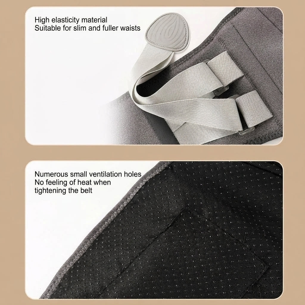 Close-up of a flexible back support belt showing adjustable straps and a breathable, perforated fabric design.
