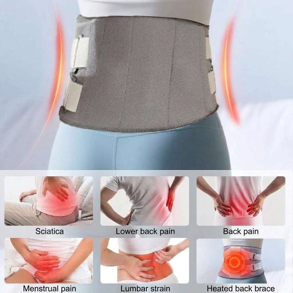 A grey heating back brace shown with six diagrams illustrating its use for sciatica, lower back pain, and menstrual pain.