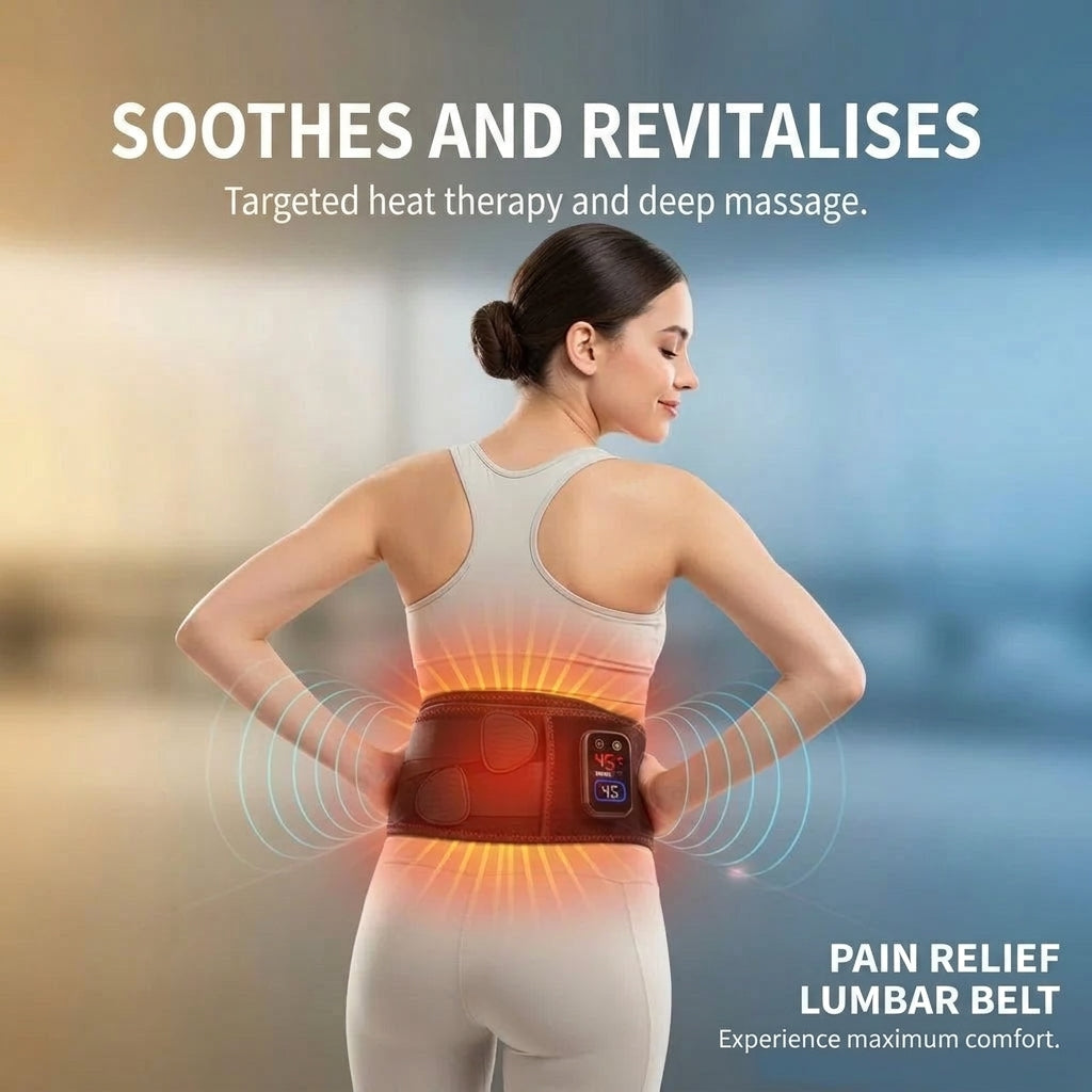 A woman wearing a lumbar heating belt with vibration massage, showing the heat radiating across her lower back.