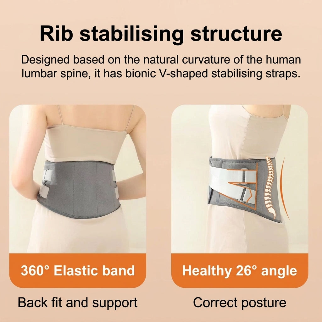 A person wearing a grey lumbar support brace with bionic V-shaped straps designed for posture and back support.
