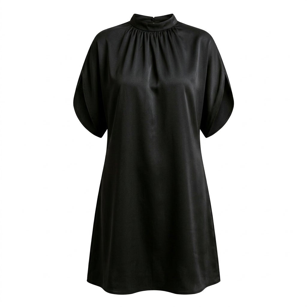 High-Neck Satin Mini Cocktail Dress with Cap Sleeves for Evening Events - We are MFEO