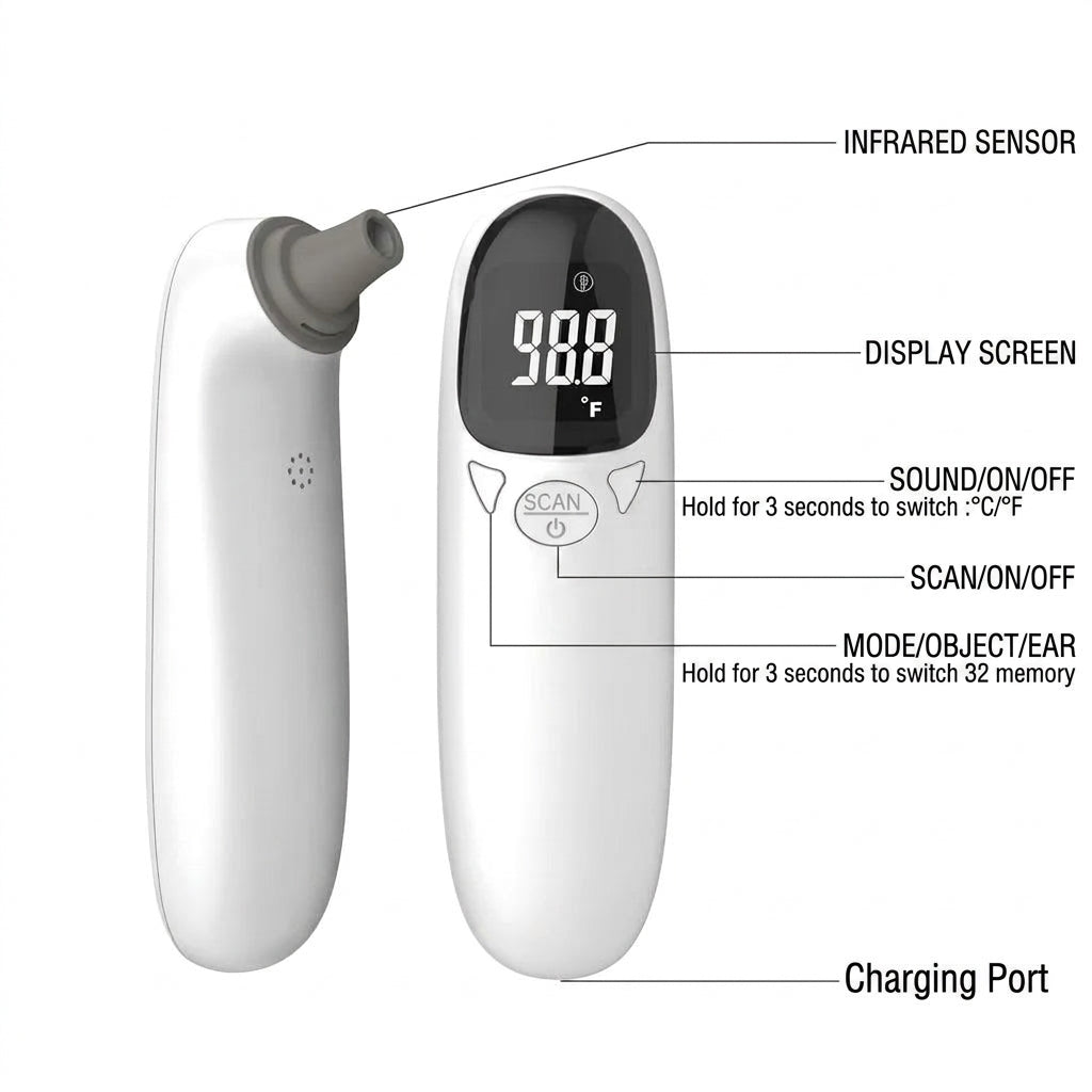 A white infrared pet thermometer showing its sensor, display screen, and control buttons with English labels.