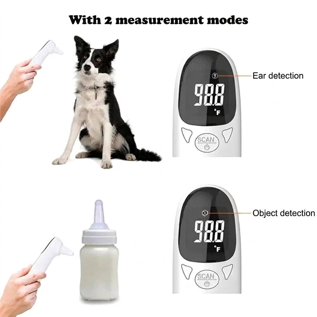 An infrared pet thermometer shown with two modes: ear temperature measurement for a dog and object temperature scanning.