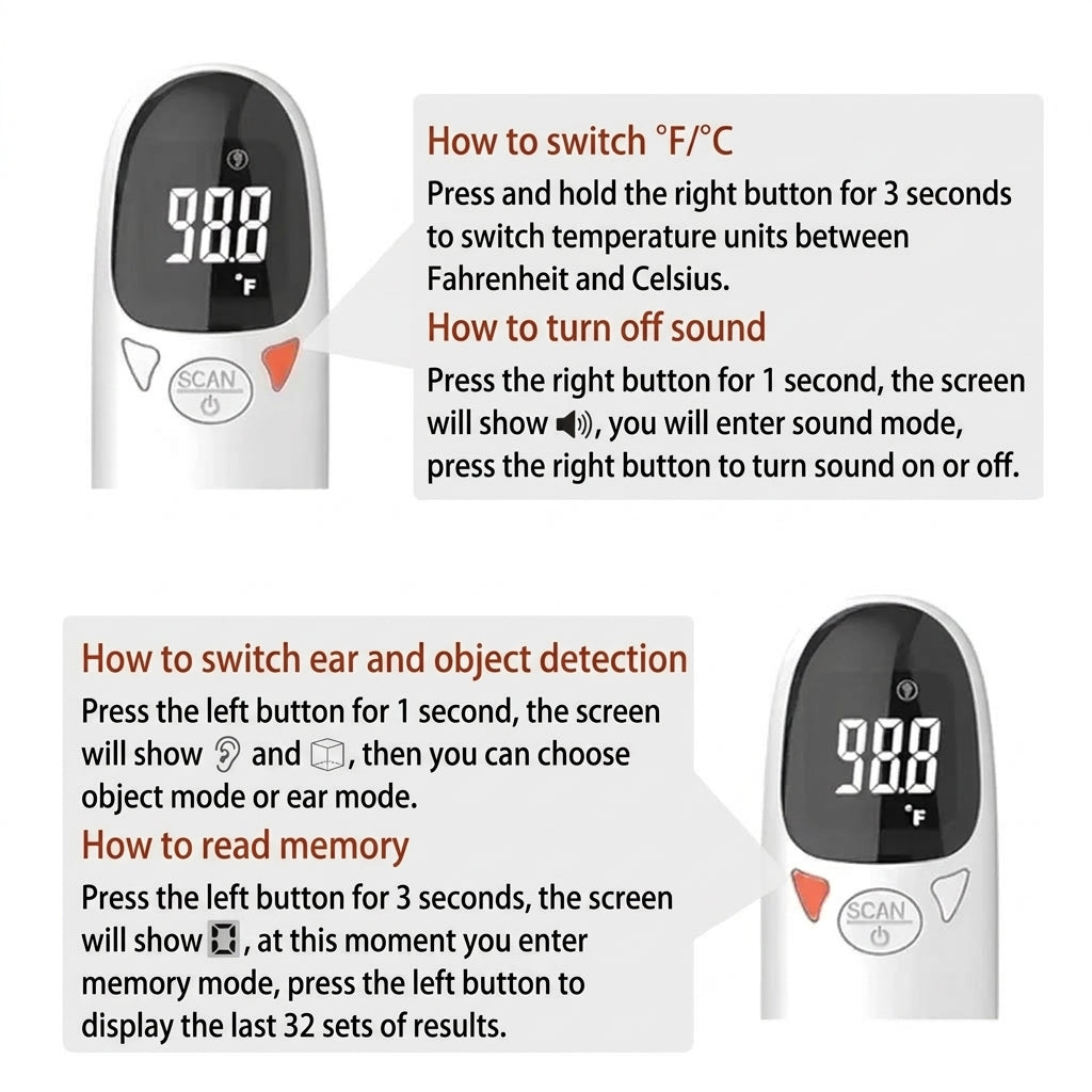 Instructional guide for an infrared thermometer showing how to switch temperature units, toggle sound, change modes, and view memory.