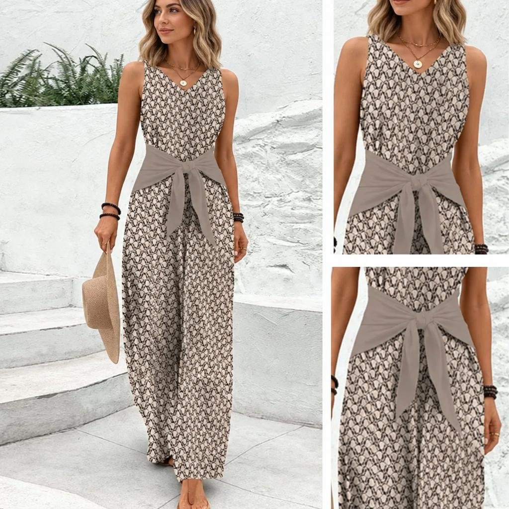 Jumpsuit with Tie Waist – Sleeveless Wide Leg V-Neck - We are MFEO
