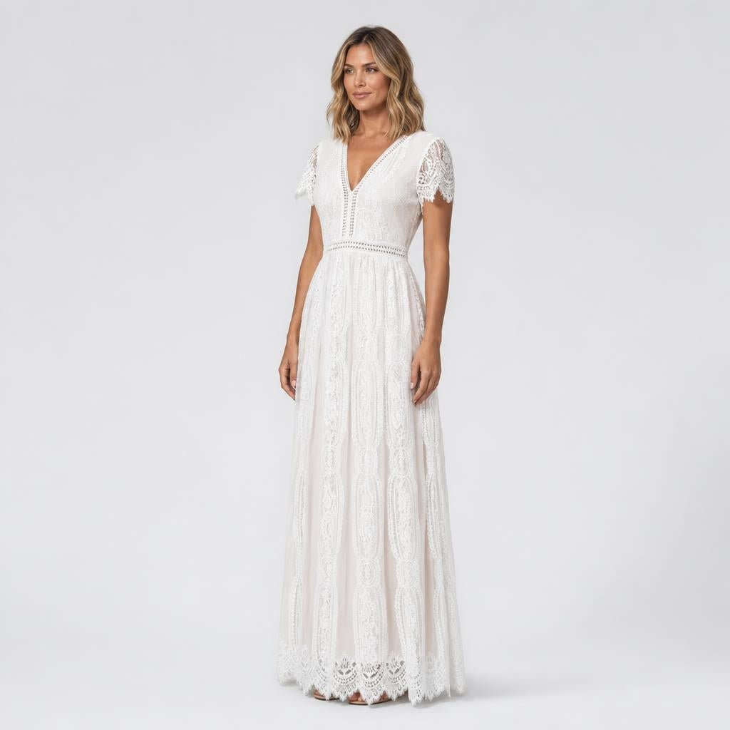 Lace Maxi Dress with V-Neck – Formal Dress for Weddings and Special Events - We are MFEO