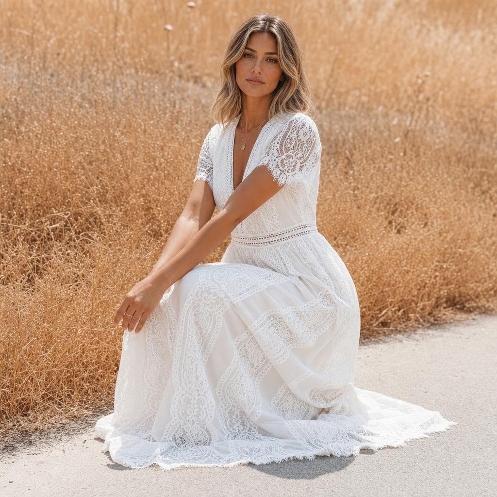 Lace Maxi Dress with V-Neck – Formal Dress for Weddings and Special Events - We are MFEO