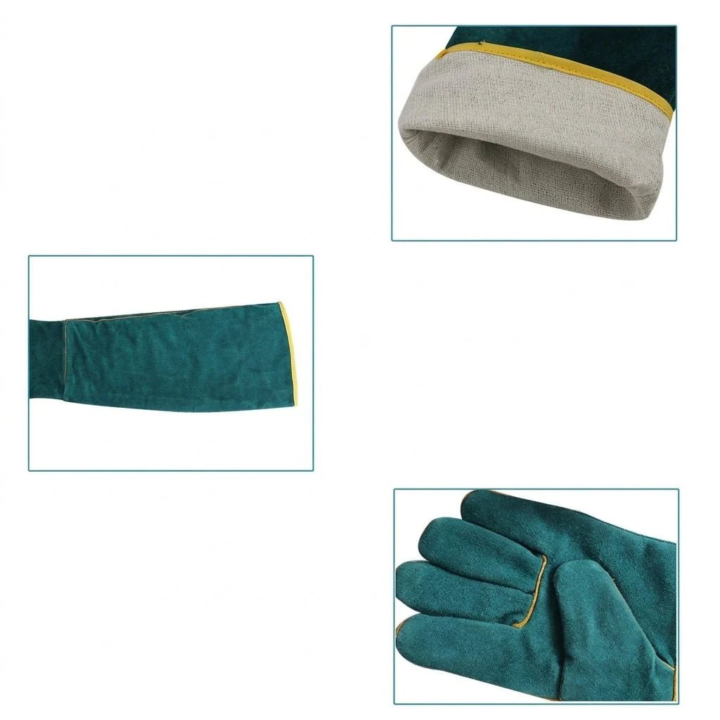 Protective animal handling gloves made of cowhide leather with extended cuffs and cotton lining.