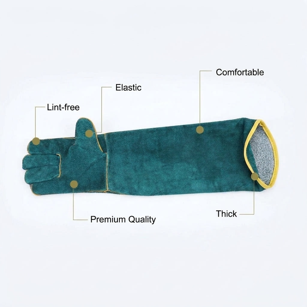 Protective animal handling gloves made of cowhide leather with extended sleeves and cotton lining.