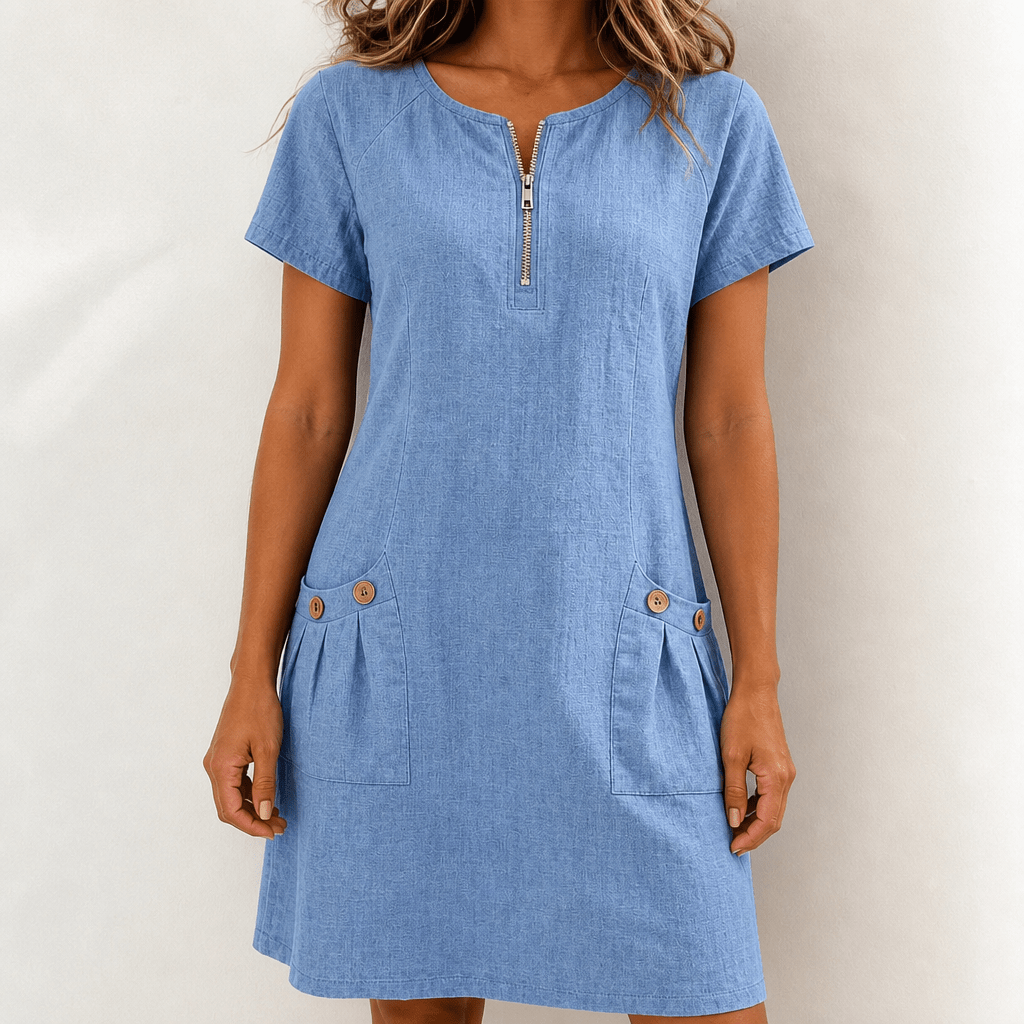 Linen A-Line Mini Summer Dress – Zip Neck and Short Sleeves - We are MFEO