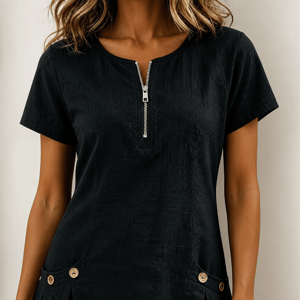 Linen A-Line Mini Summer Dress – Zip Neck and Short Sleeves - We are MFEO