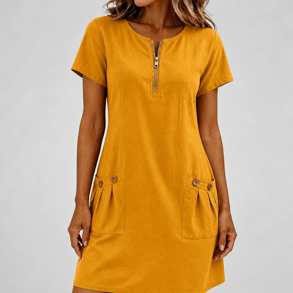 Linen A-Line Mini Summer Dress – Zip Neck and Short Sleeves - We are MFEO