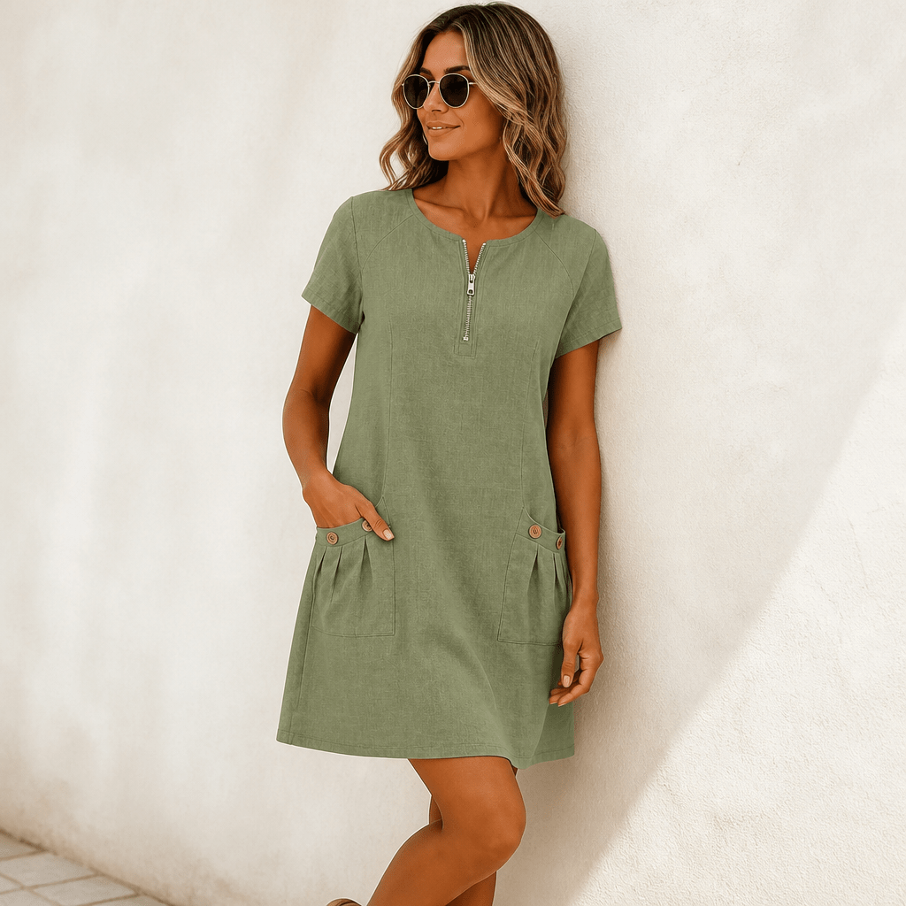Linen A-Line Mini Summer Dress – Zip Neck and Short Sleeves - We are MFEO