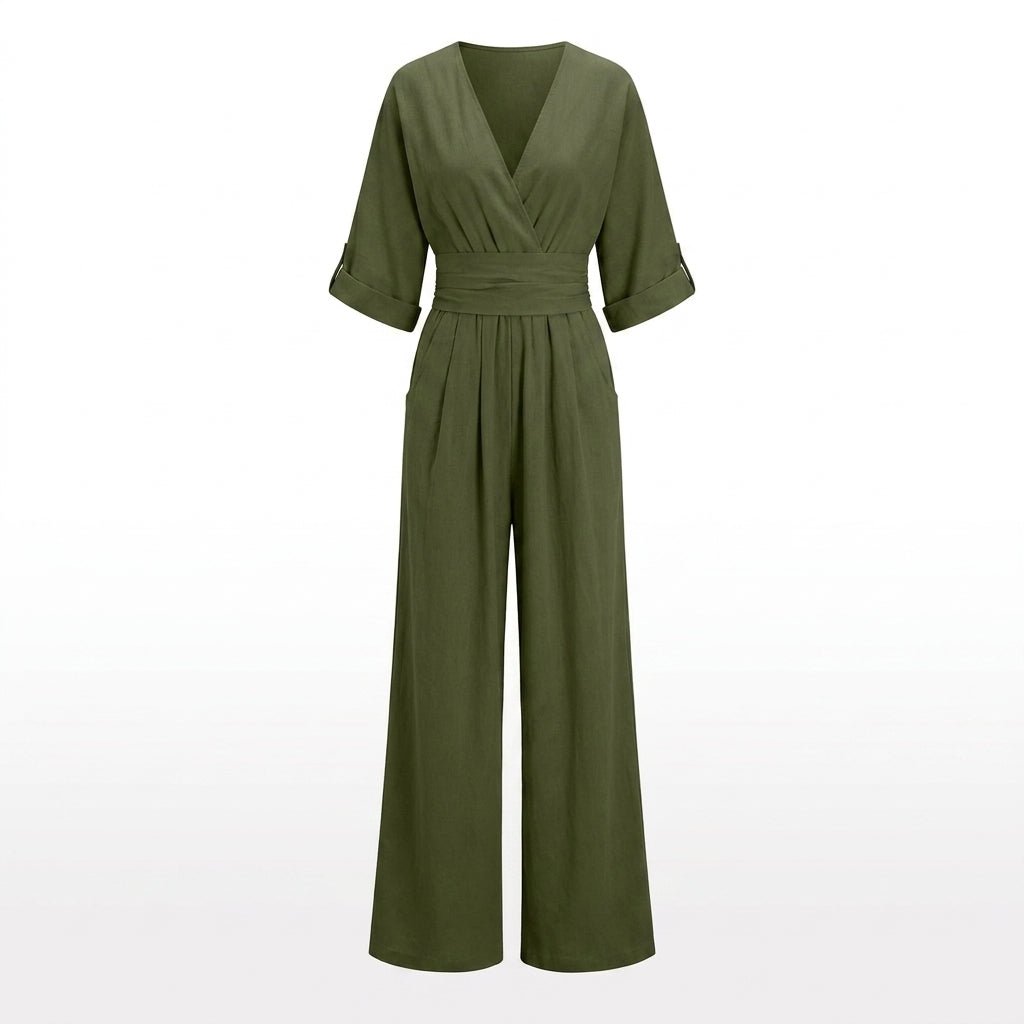 Linen Jumpsuit with Cinched Waist – Wide-Leg, Deep V-Neck for Summer Casual Wear - We are MFEO