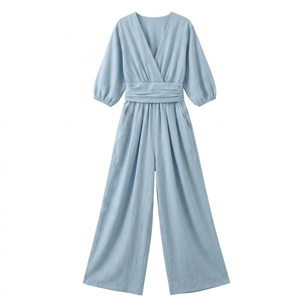 Linen Jumpsuit with Cinched Waist – Wide-Leg, Deep V-Neck for Summer Casual Wear - We are MFEO