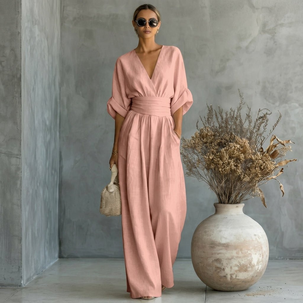 Linen Jumpsuit with Cinched Waist – Wide-Leg, Deep V-Neck for Summer Casual Wear - We are MFEO