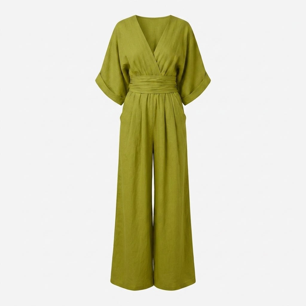 Linen Jumpsuit with Cinched Waist – Wide-Leg, Deep V-Neck for Summer Casual Wear - We are MFEO