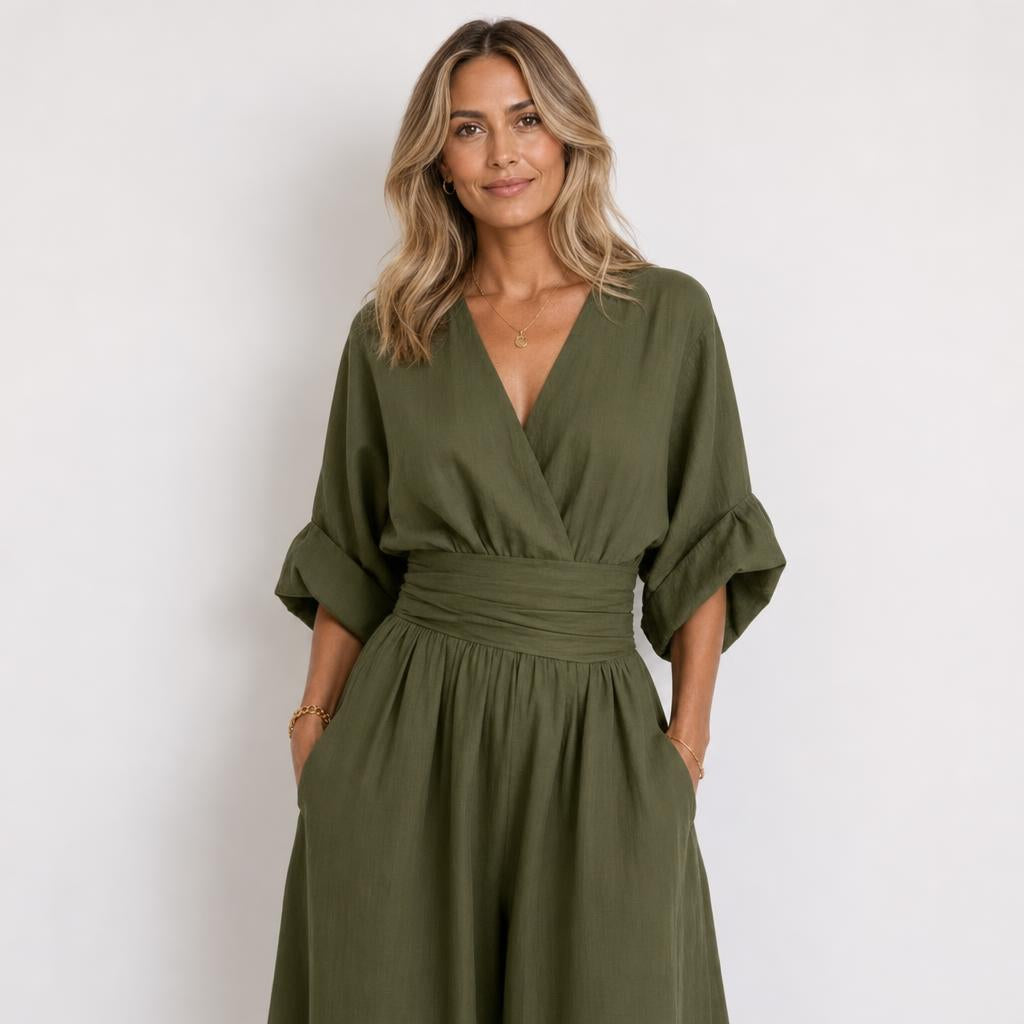 Linen Jumpsuit with Cinched Waist – Wide-Leg, Deep V-Neck for Summer Casual Wear 1