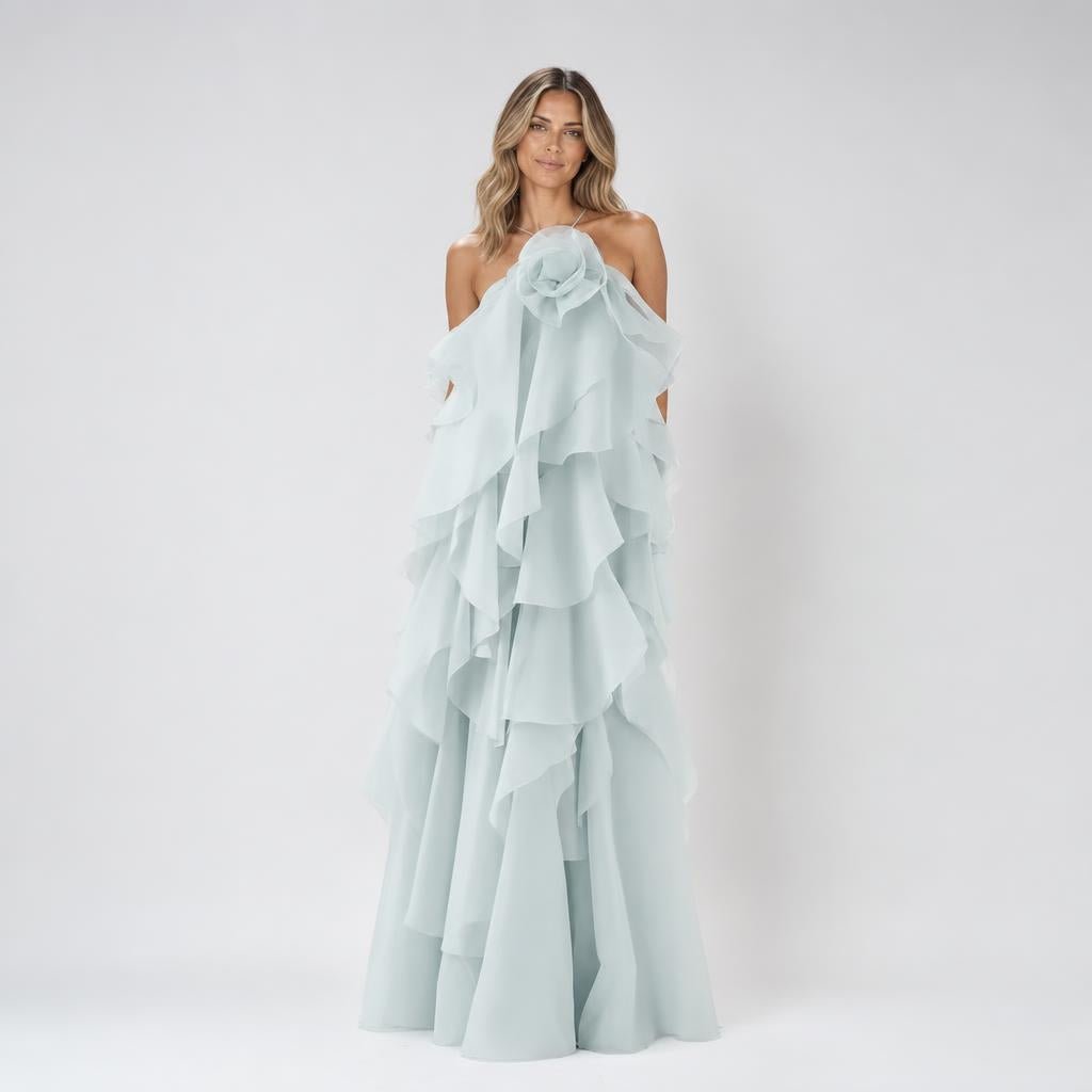 Long Halter Formal Maxi Dress with Tiered Ruffle Skirt - We are MFEO