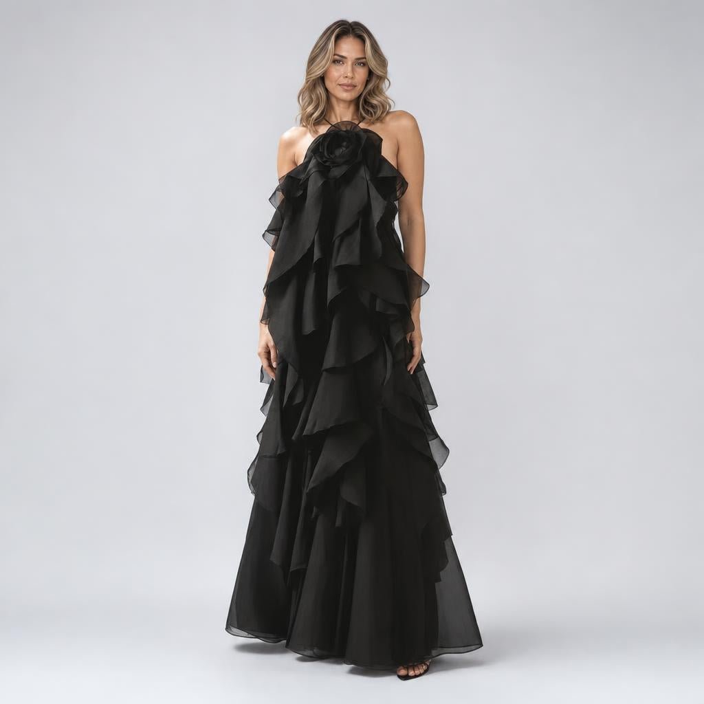Long Halter Formal Maxi Dress with Tiered Ruffle Skirt - We are MFEO