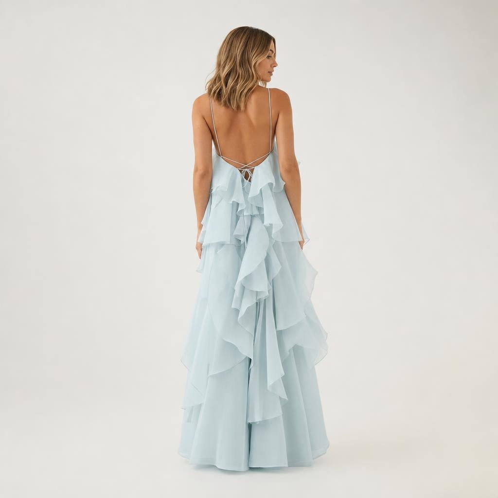 Long Halter Formal Maxi Dress with Tiered Ruffle Skirt - We are MFEO