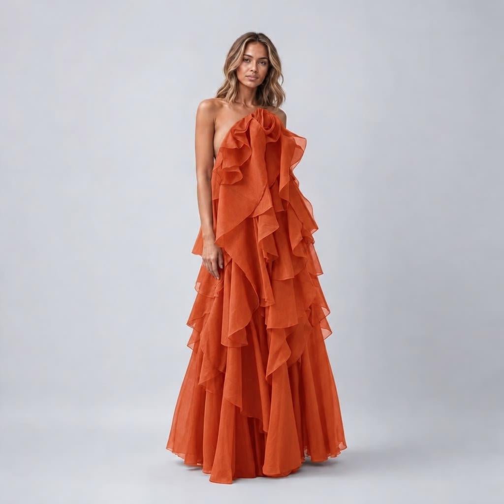 Long Halter Formal Maxi Dress with Tiered Ruffle Skirt - We are MFEO
