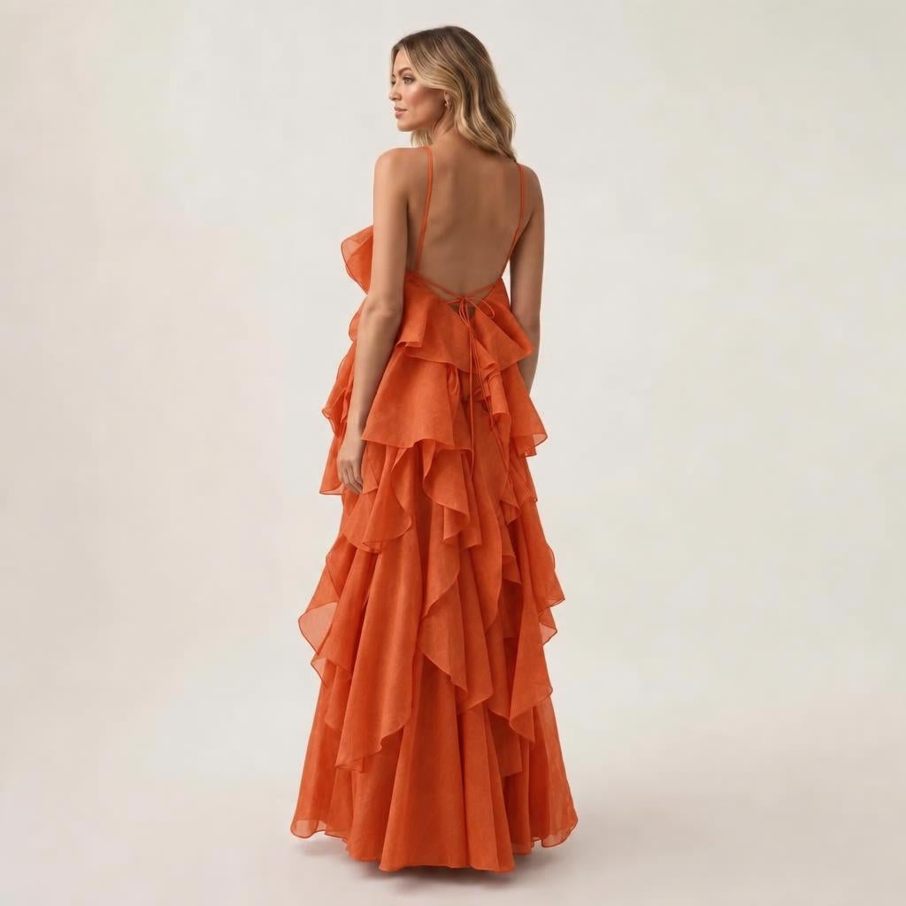 Long Halter Formal Maxi Dress with Tiered Ruffle Skirt 4