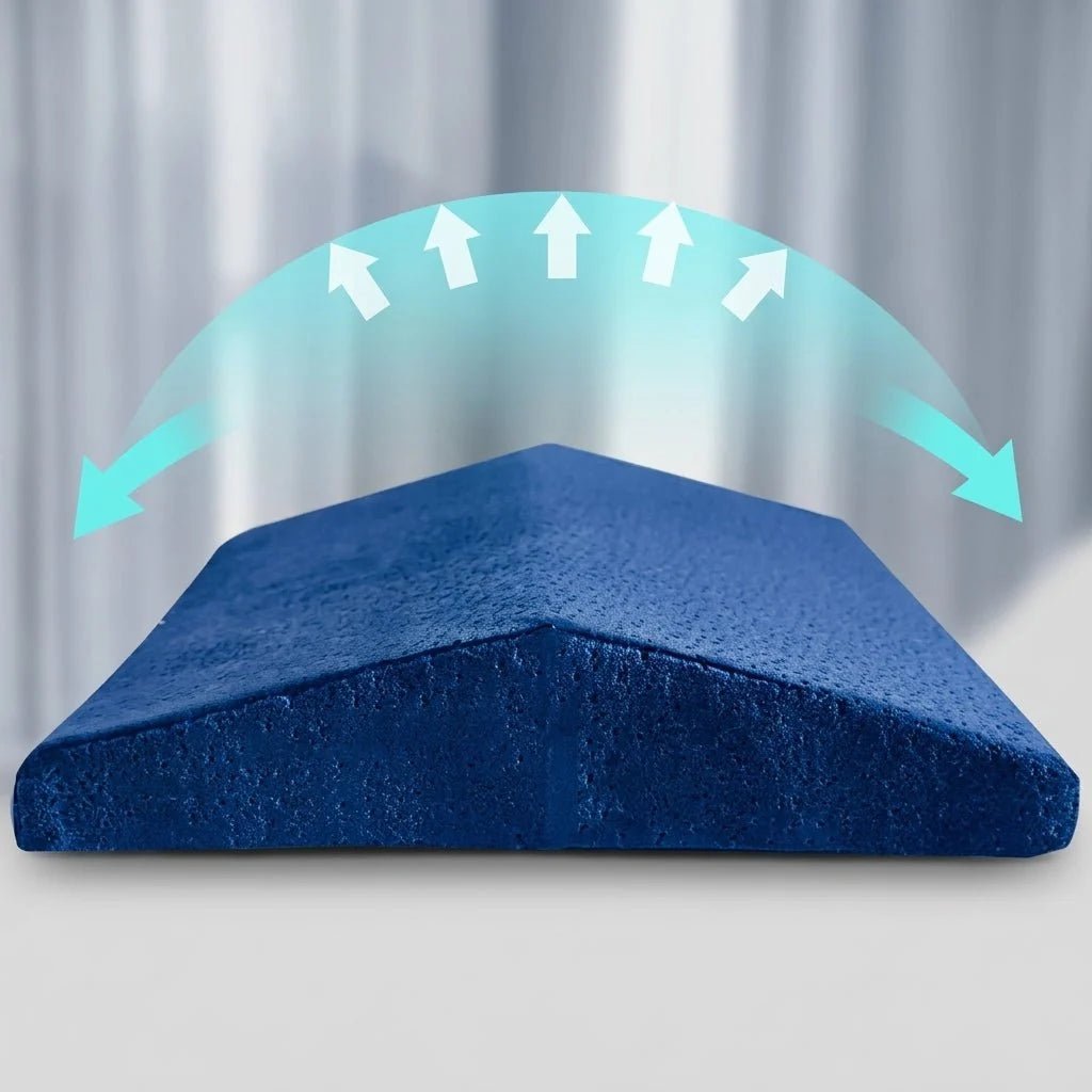 A blue, wedge-shaped lumbar support pillow shown with a light blue graphic indicating upward and outward pressure relief.
