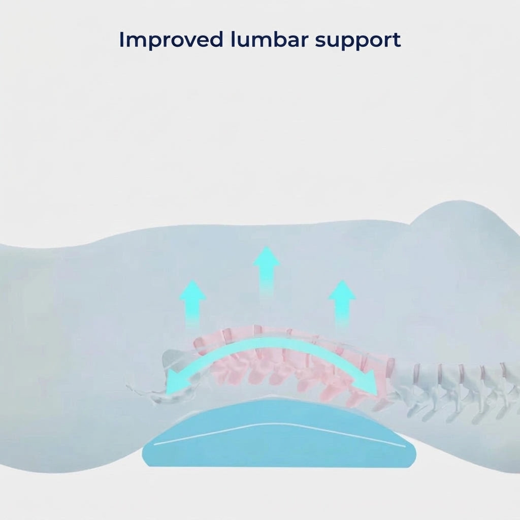 A diagram showing a lumbar pillow providing improved support to the lower spine, with arrows indicating upward pressure.