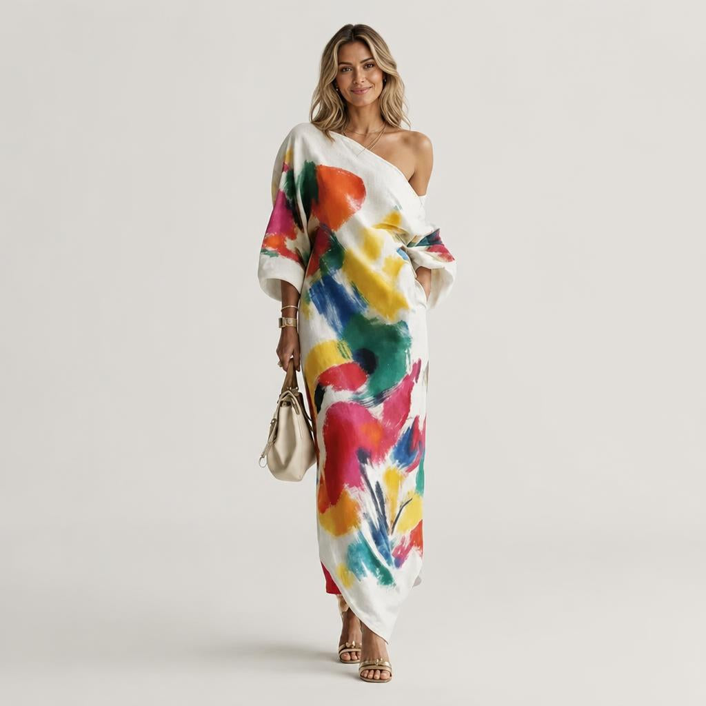 Women's Maxi Dress – Abstract Print, One-Shoulder Neckline, Three-Quarter Sleeves for Summer 1