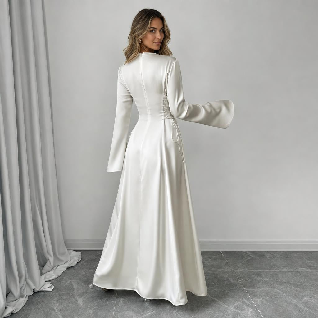 Maxi Dress for Formal Events – Bell Sleeves and Lace-Up Side Design - We are MFEO