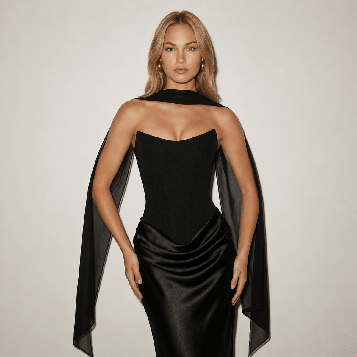 Maxi Dress with Sleeves – Satin Corset Design and Draped Skirt - We are MFEO