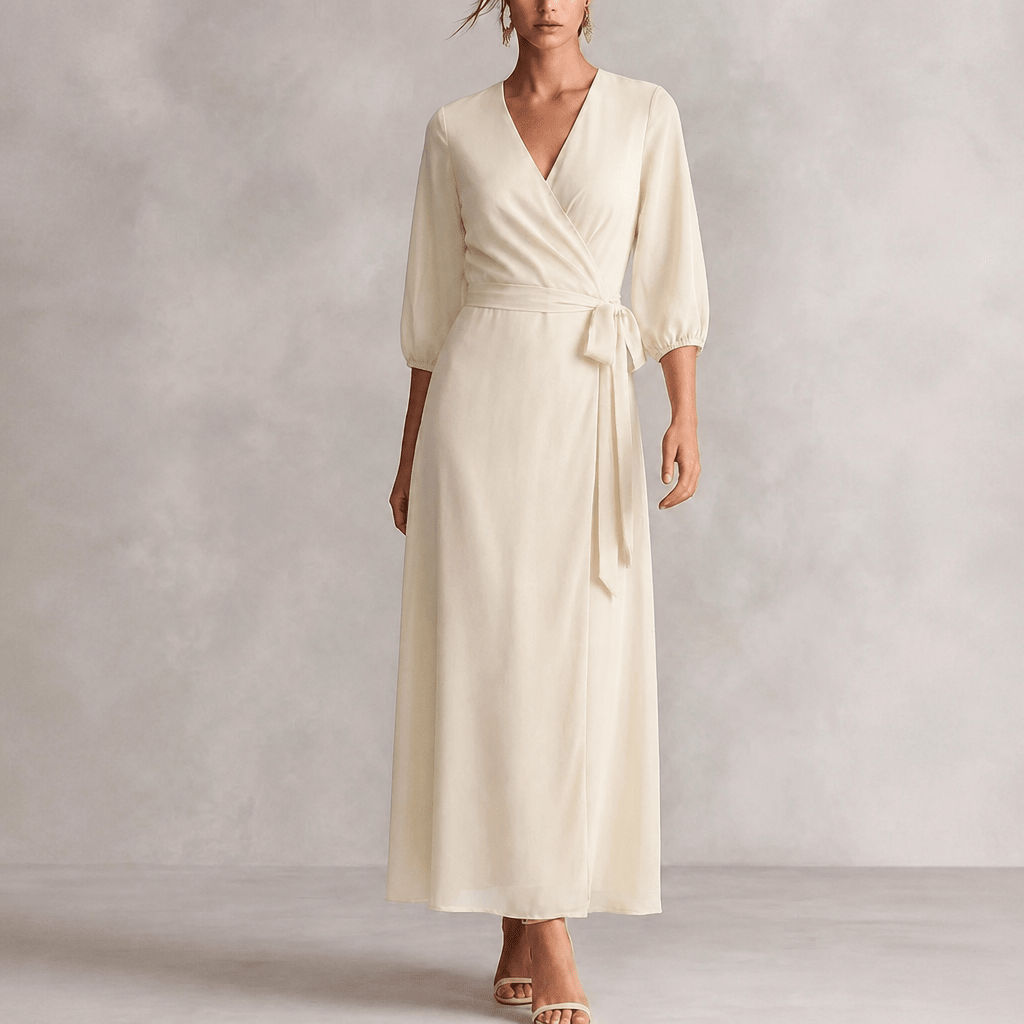 Maxi Dress with V Neck – Wrap Waist, Blouson Sleeves - We are MFEO